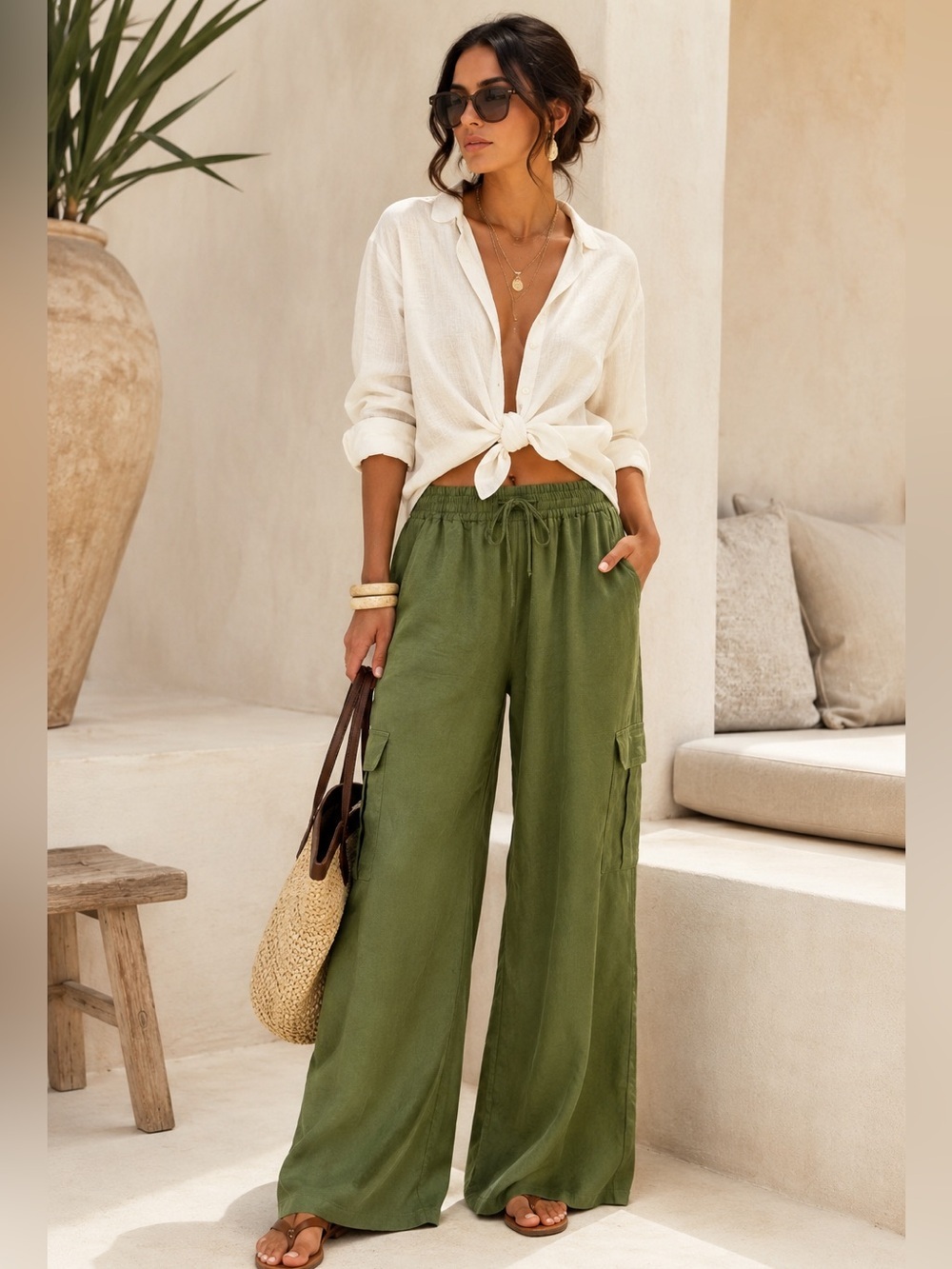 Scotch & Soda Tropical Linen Blend Wide Leg Cargo Pants | Olive Green | Size S